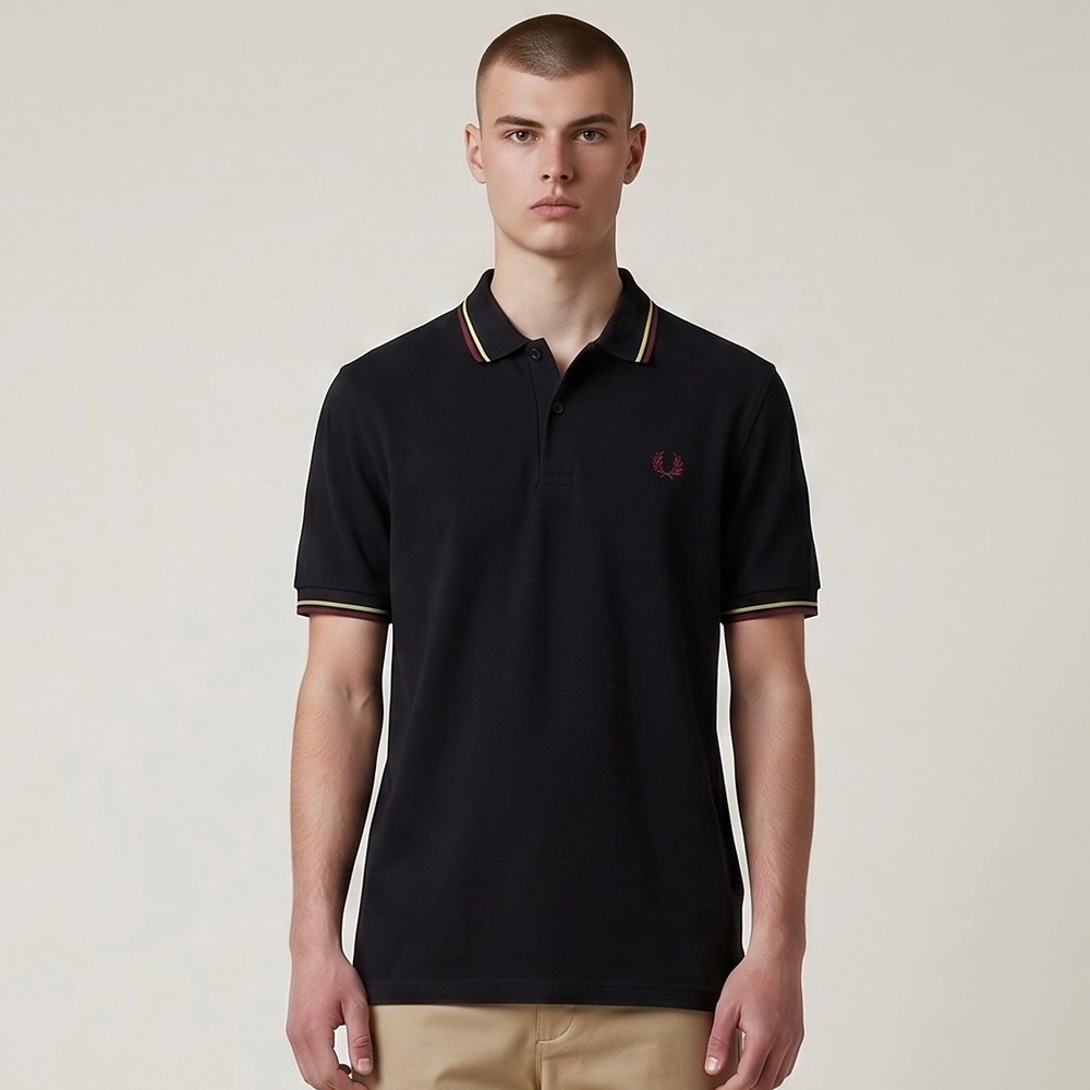 Fred Perry Polo Shirt Mens Medium Black M3600 Twin Tipped Laurel Wreath Logo